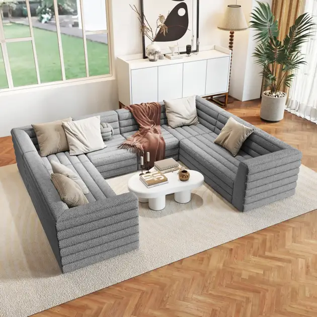 3200mm U-Shaped Modern Grey Boucle Modular Sectional Sofa for 8 Seaters