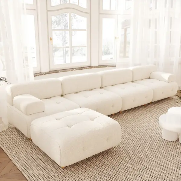 Modern L-Shaped Modular White Boucle Corner Sectional Sofa Loveseat with Wood Legs - Image 2