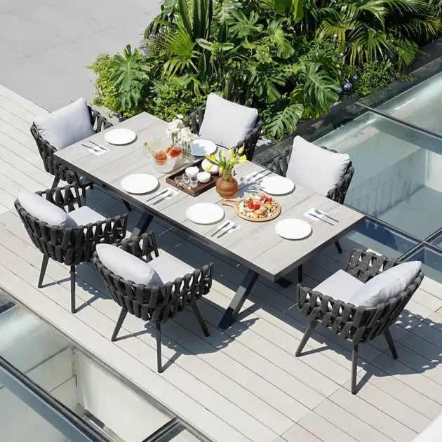 7 Pieces Aluminum Outdoor Dining Set with Extendable Ceramic Top Table Woven Armchair