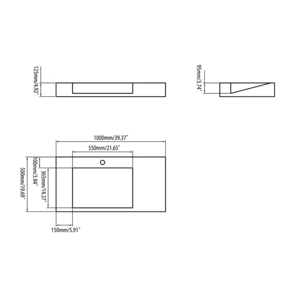 1000mm Wall-Hung Stone Resin Rectangle Bathroom Ramped Basin in Matte White - Image 9