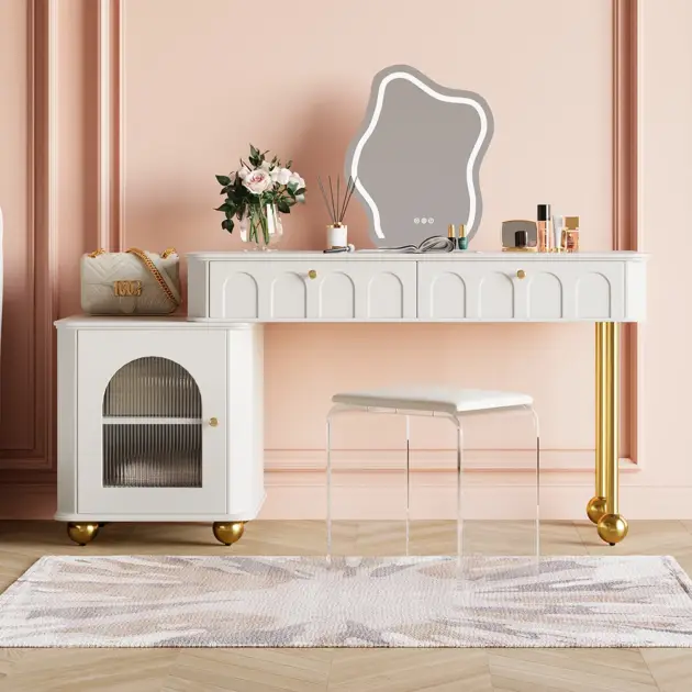Modern White Makeup Vanity Set Dressing Table with Lighted Mirror & Cabinet & Stool