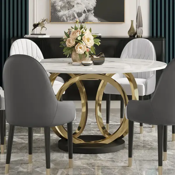 7 Piece Dining Room Set 1350mm Sintered Stone Top Round Dining Table White&Grey 6 Chairs - Image 3