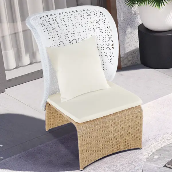 Hofer Rattan Outdoor Wingback Chair with White Cushion Pillow with Arched Bottom - Image 3