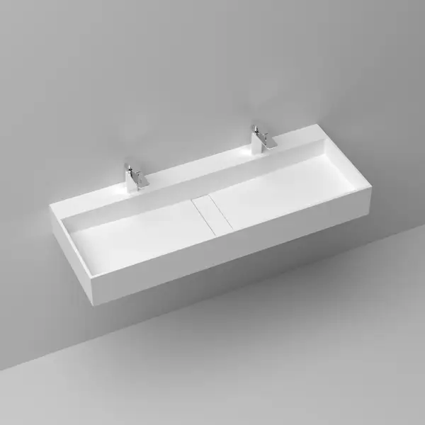1200mm Wall-Mount Double Basin Stone Resin Matte White Floating Trough Bathroom Basin - Image 6