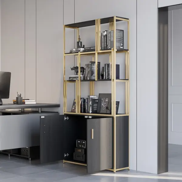2000mm 5-Tier Black & Gold Bookshelf with 2 Doors Storage Cabinet - Image 4