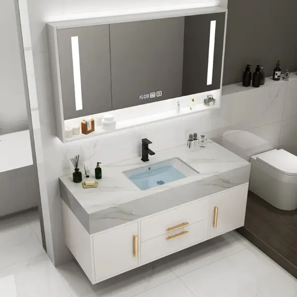 Modern 1000mm White Floating Bathroom Vanity Set Stone Top Wall Mounted Bathroom Cabinet - Image 7