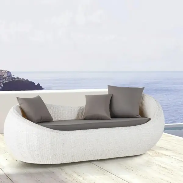 White Woven Rattan Round 1910mm Outdoor Sofa with Cushion & Pillow and Curved Back - Image 2