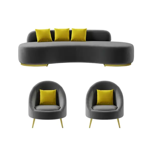 Grey Velvet Upholstered Curved Sofa Living Room Set of 3 with Pillows Chairs & 3-seater - Image 11