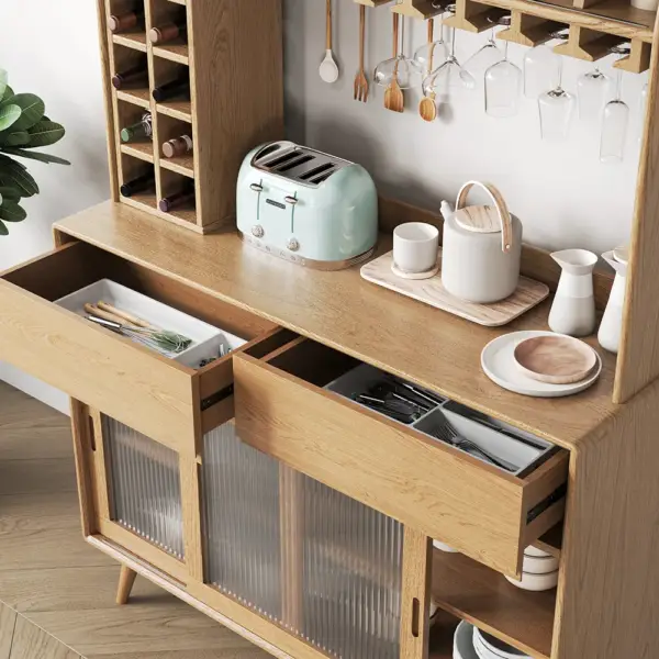 Mid-Century Modern 1710mm Tall Freestanding Pantry Cabinet with Storage Natural Hutch - Image 3