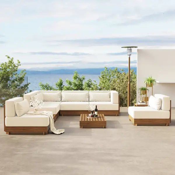 9 Pieces Teak Modular Outdoor Patio Sectional Sofa Set with Coffee Table and Cushion - Image 2