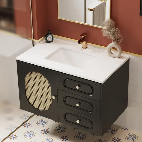 800mm Black Floating Bathroom Vanity Undermount Ceramic Sink with Rattan Door Cabinet - Image 4