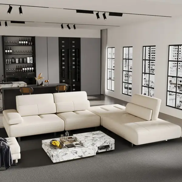 3420mm White Leather Lounge Deep Seat Sectional Sofa with Adjustable Armrest & Backrest