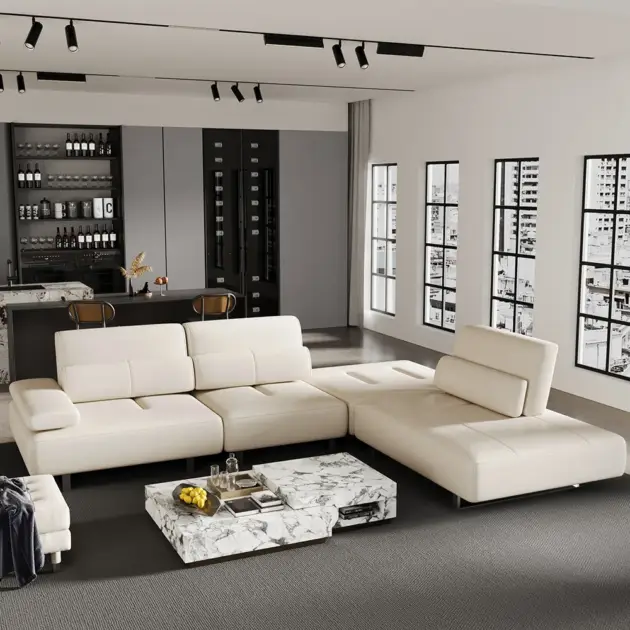 3420mm White Leather Lounge Deep Seat Sectional Sofa with Adjustable Armrest & Backrest