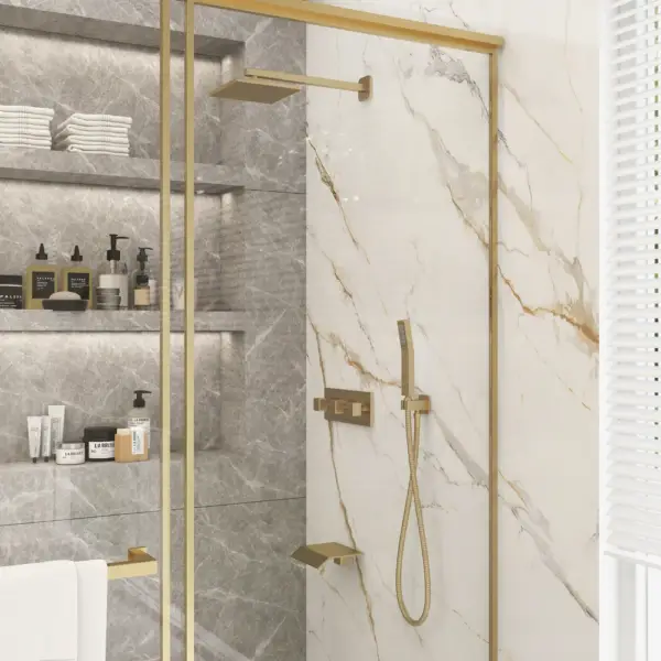 Moda Wall-Mounted 250mm Shower Set in Brushed Gold Rainfall 3 Function Solid Brass - Image 4