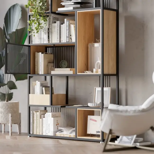 2000mm Modern Black Steel Geometric Bookcase 6-Tier Bookshelf Wooden Tall Book Shelf - Image 2