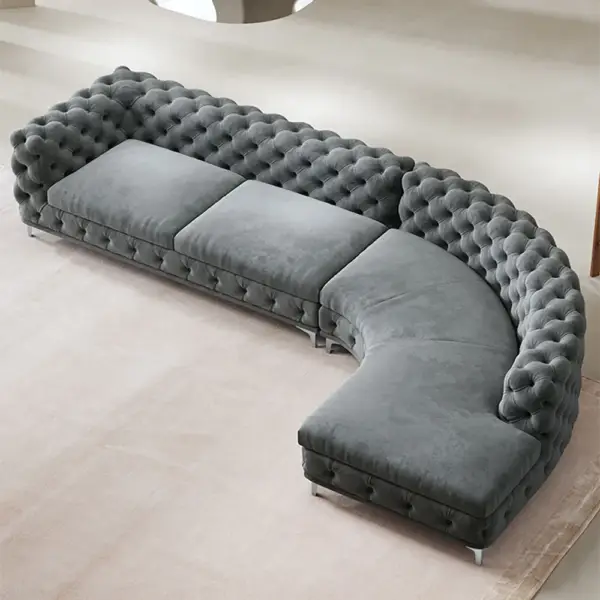 L-Shaped Curved Grey Sectional Sofa Upholstered Velvet Chesterfield Sofa - Image 9