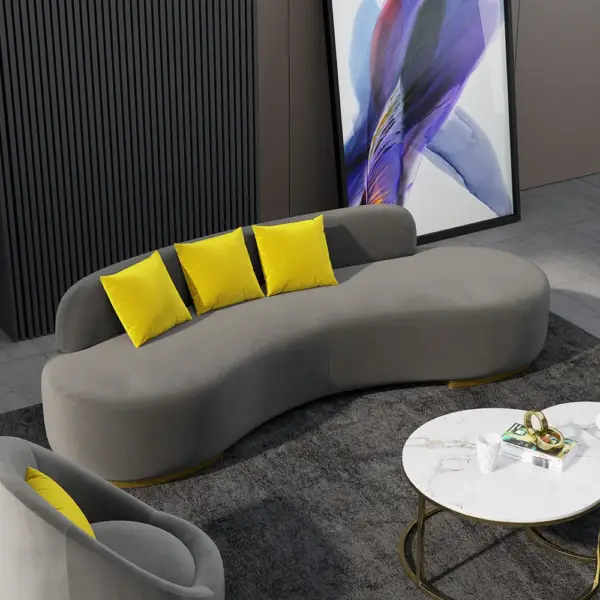 Grey Velvet Upholstered Curved Sofa Living Room Set of 3 with Pillows Chairs & 3-seater - Image 8