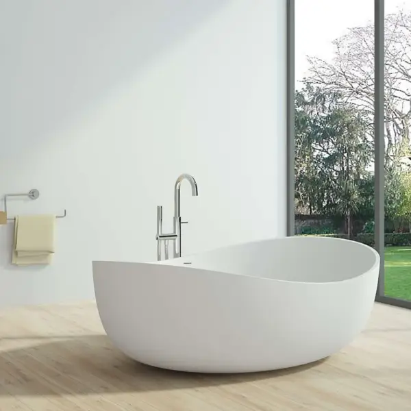 1785mm Contemporary Oval Freestanding Stone Resin Soaking Bath in Glossy White - Image 2