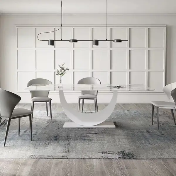 1800mm White Faux Marble Dining Table for 8 Crescent Base Sintered Stone
