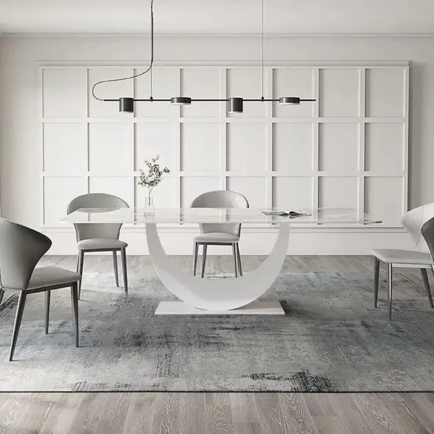 1800mm White Faux Marble Dining Table for 8 Crescent Base Sintered Stone