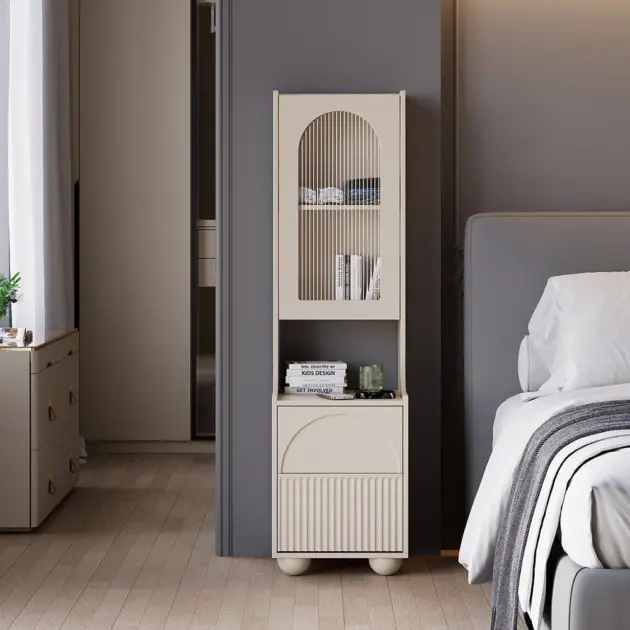 Modern Tall White Nightstand with Glass Door & Sheleves 2-Drawer Bedside Table