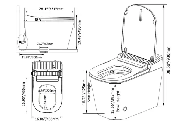 White Smart Toilet One-Piece Square with Intelligent Automatic Cover and Remote Control - Image 10