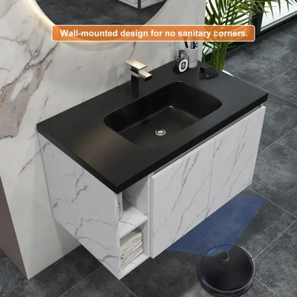 700mm Faux Marble Wall-Hung Bathroom Vanity with Top Stone Slate Countertop & Basin - Image 6