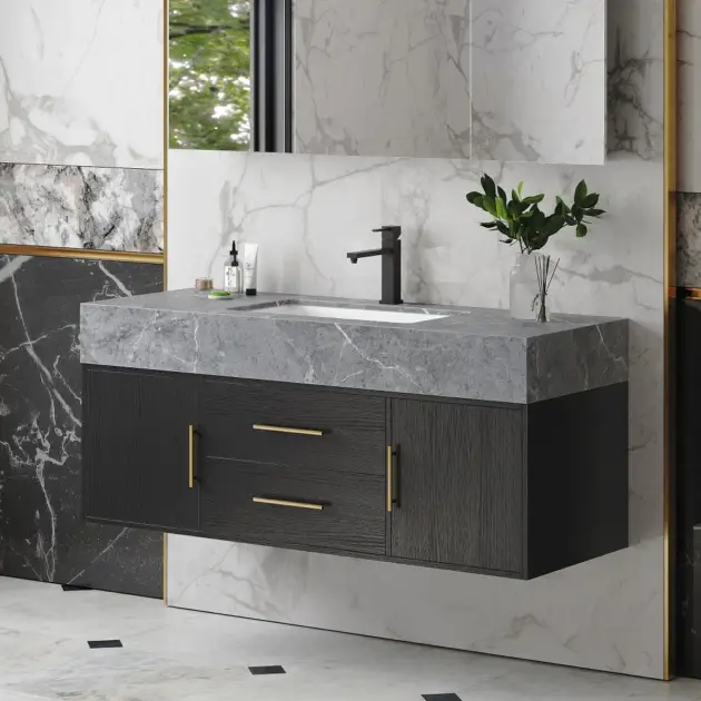 Modern 1000mm Floating Black Bathroom Vanity Stone Top Wall Mounted Bathroom Cabinet