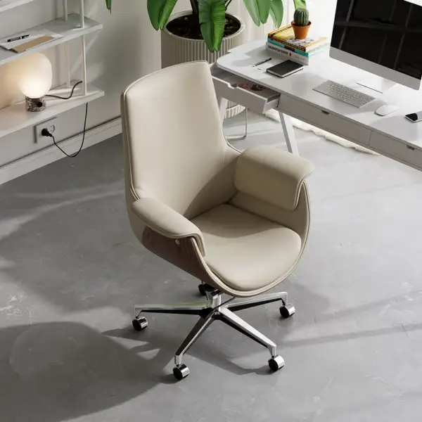 Grey Leather Modern Home Office Chair Upholstered High Back Desk Chair Wooden Frame - Image 5