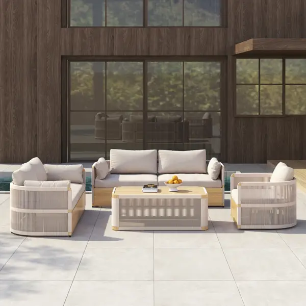 4 Pieces Modern Aluminum & Rope Outdoor Swivel Sofa Set with Coffee Table in Khaki for 6 - Image 2