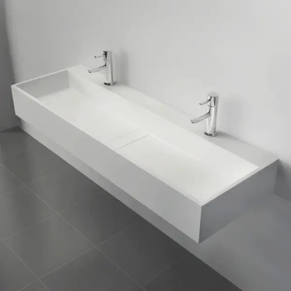 1200mm Wall-Mount Double Basin Stone Resin Matte White Floating Trough Bathroom Basin - Image 8