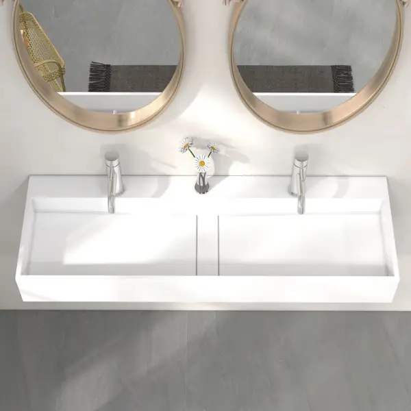 1200mm Wall-Mount Double Basin Stone Resin Matte White Floating Trough Bathroom Basin - Image 7