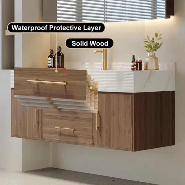 1000mm Walnut Floating Bathroom Vanity Set Stone Top Wall Mounted Bathroom Cabinet - Image 11
