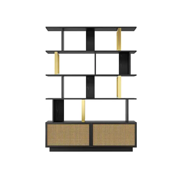 5-Tier Black Wood Bookshelf with 2 Doors Modern Bookcase in Gold Finish - Image 7