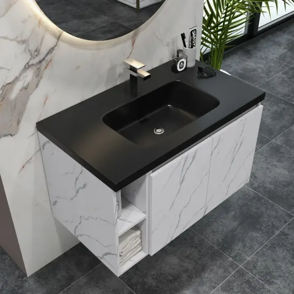 700mm Faux Marble Wall-Hung Bathroom Vanity with Top Stone Slate Countertop & Basin - Image 2
