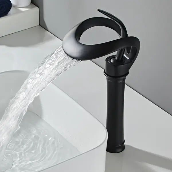 Modern Elegant Waterfall Bathroom Countertop Basin Tap Single Handle Solid Brass Black - Image 4