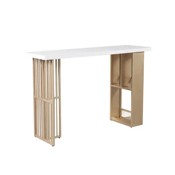 1600mm Modern White Metal Bar Height Table with Shelves & Storage in Gold - Image 9