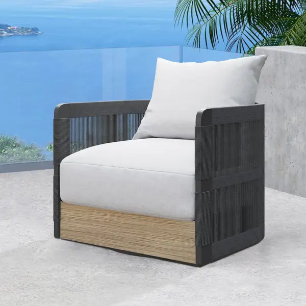 Black Woven Rope Outdoor Swivel Chair Sofa 360 Degree Rotatable Coastal Patio Armchair - Image 2