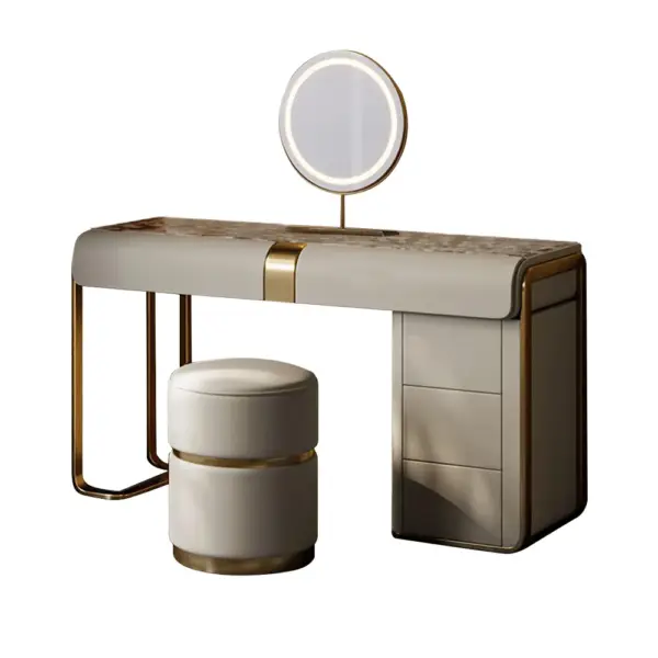 Modern Grey Makeup Vanity Set with Side Cabinet Dressing Table with Mirror & Stool - Image 6