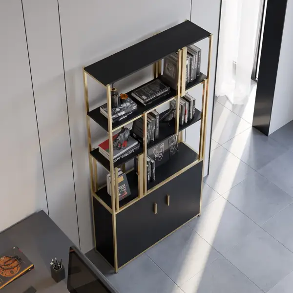 2000mm 5-Tier Black & Gold Bookshelf with 2 Doors Storage Cabinet - Image 3