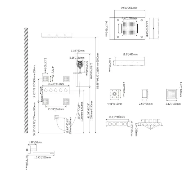 Wall-Mounted 500mm Shower Set Rainfall 4 Functions Thermostatic in Matte Black - Image 13