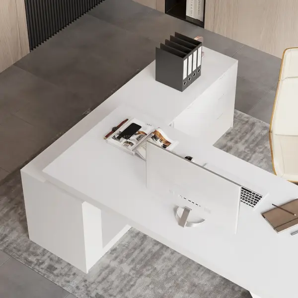 2000mm Modern White L-Shape Executive Desk Drawers & Cabinet Office Desk Right Hand - Image 10