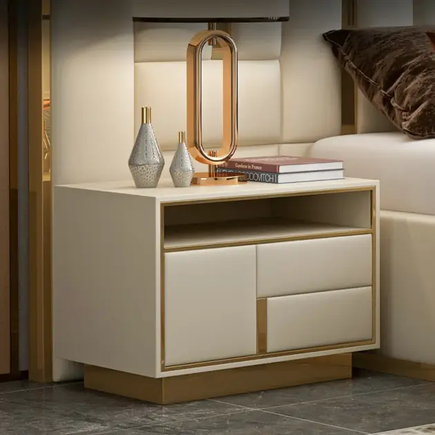Modern Beige Wooden Nightstand PU Leather Upholstery with 1 Drawer