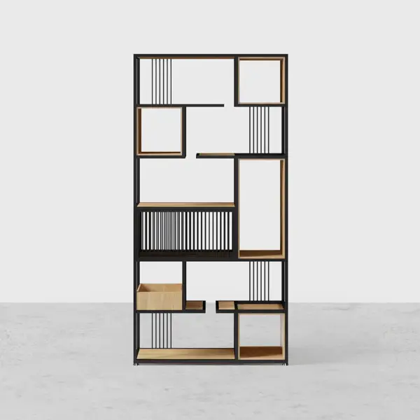 2000mm Modern Black Steel Geometric Bookcase 6-Tier Bookshelf Wooden Tall Book Shelf - Image 10