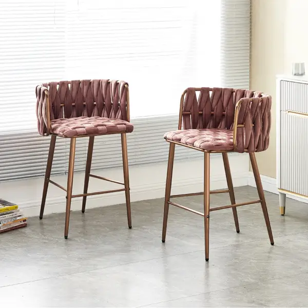 Modern Pink Velvet Counter Stools Set of 2 with Back & Footrest & Gold Frame - Image 4