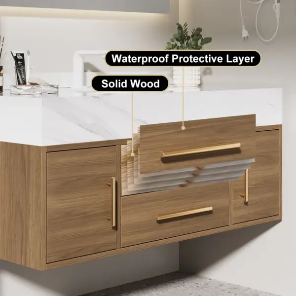 1000mm Walnut Floating Bathroom Vanity Set Stone Top Wall Mounted Bathroom Cabinet - Image 12