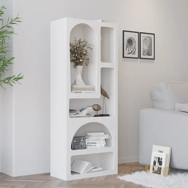Codiys 1500mm Art Deco White Arched Bookcase Tall Open Geometric Japandi Bookshelf Wood