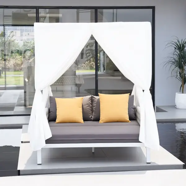 White Aluminium & Grey Woven Rope 2-Person Outdoor Patio Daybed with Canopy Curtains - Image 3