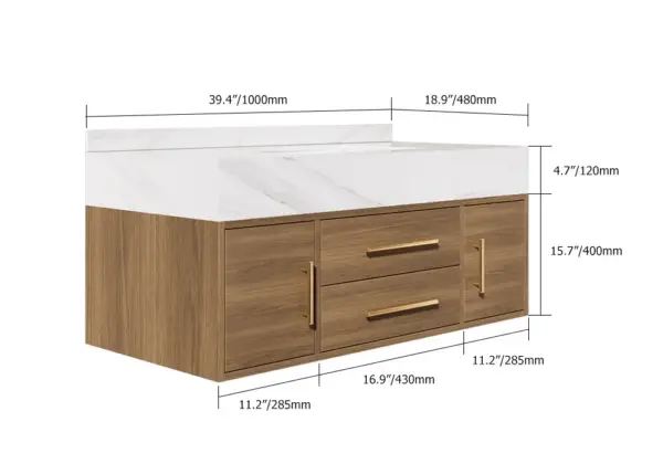1000mm Walnut Floating Bathroom Vanity Set Stone Top Wall Mounted Bathroom Cabinet - Image 16