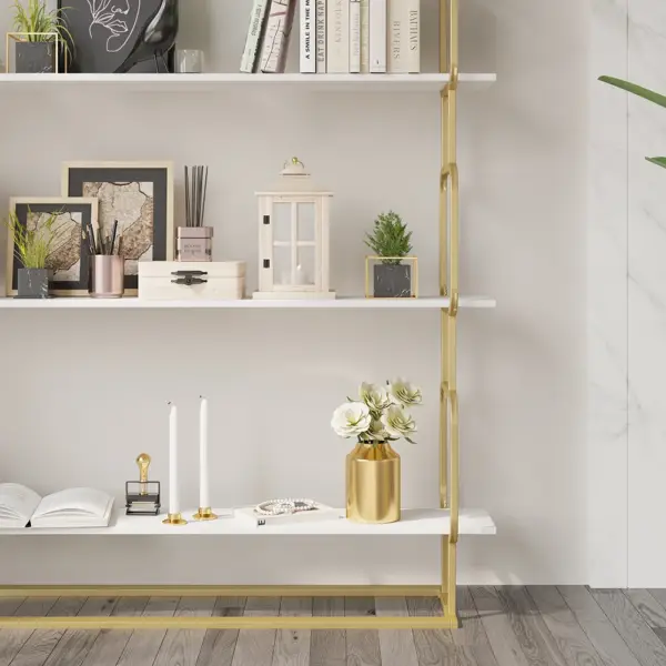 1800mm Modern White Tall Freestanding Wooden Office 4 Shelves Etagere Bookcase in Gold - Image 6